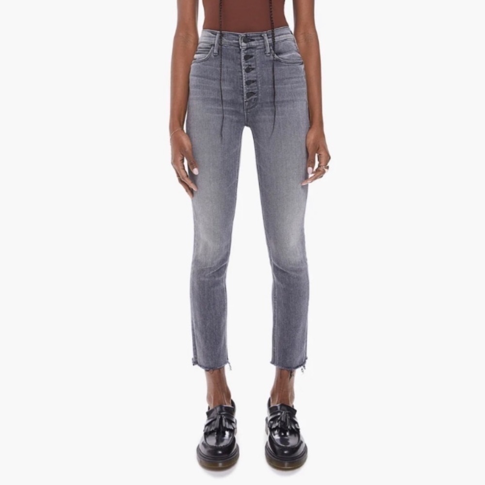MOTHER The Pixie Dazzler Ankle Fray Jeans in Digging Up Dirt Washed Black Gray